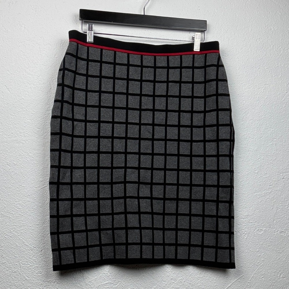 Karl Lagerfeld Grey Grid Knit Skirt - M - Red Trim Pencil Preppy DarkAcademia